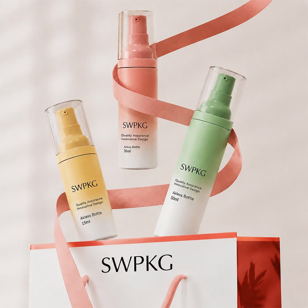 Colorful frosted plastic airless pump bottles for skincare in yellow, pink, and green.