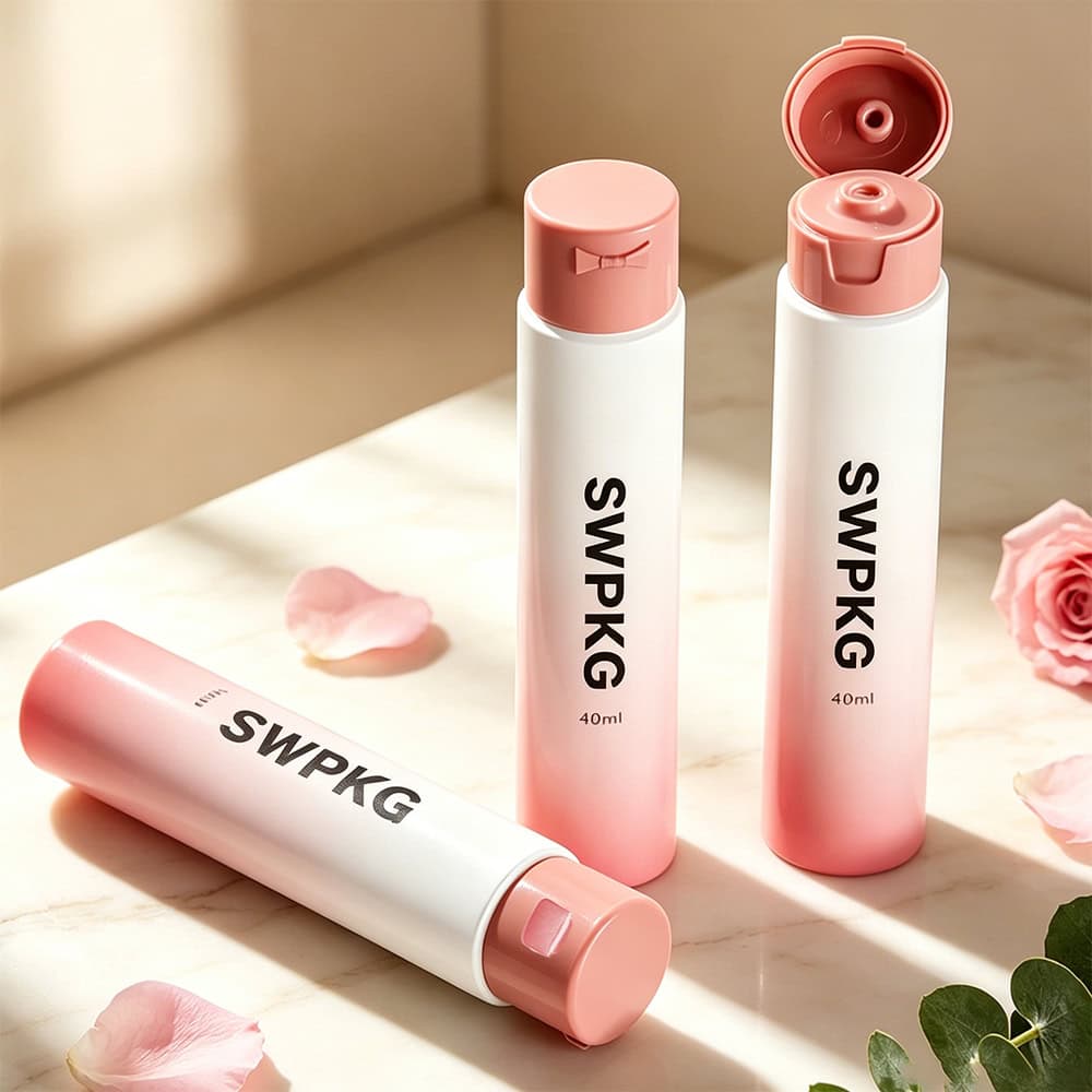 Pink plastic laminated tube for cosmetics and skincare products.