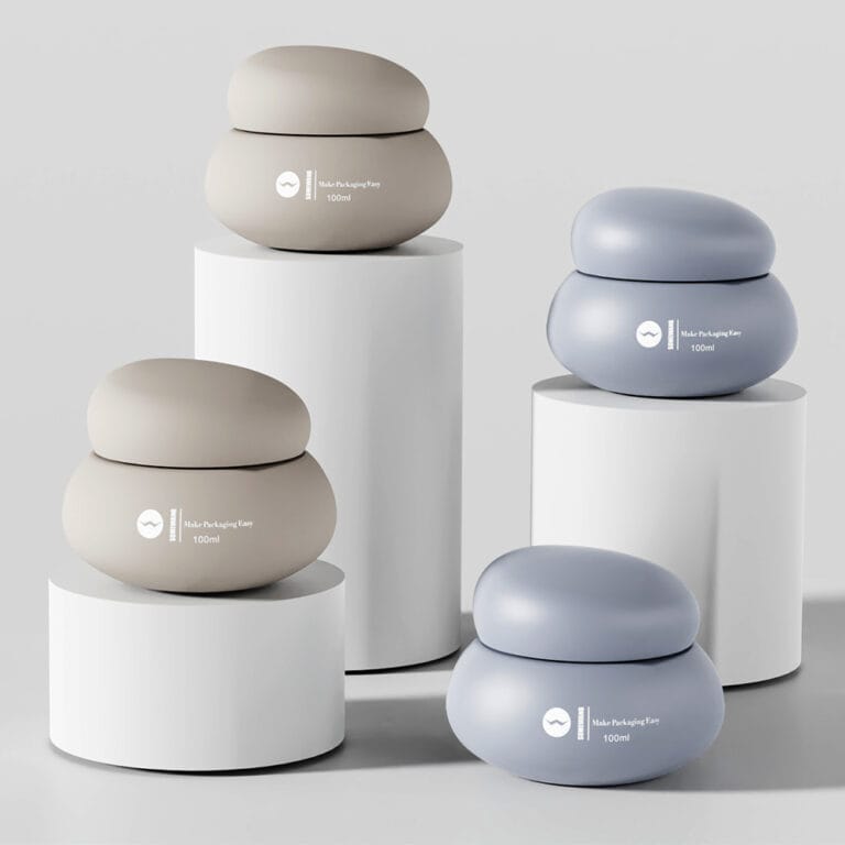 Pebble-shaped 100ml PET jars for cosmetics by Somewang Packaging.