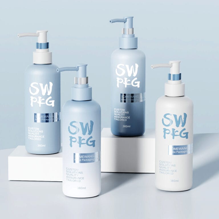 Four 360ml transparent PET shampoo bottles with pump dispensers on white background.