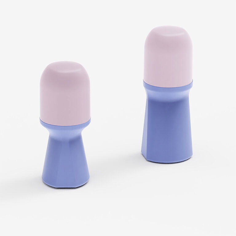 Pink and blue roll-on deodorant containers for personal care products.