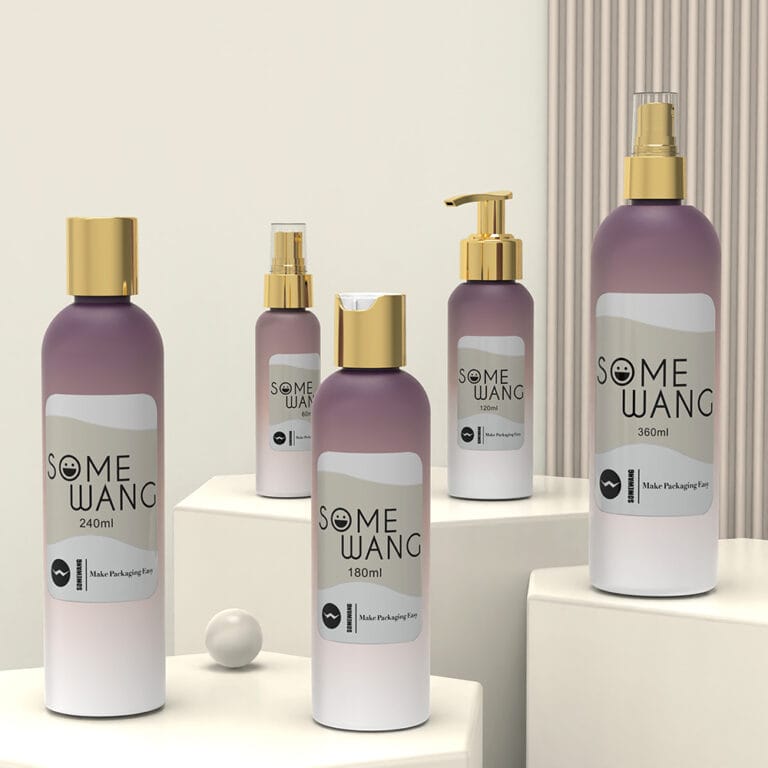 Set of 5 purple and gold cosmetic bottles with pump and spray caps.