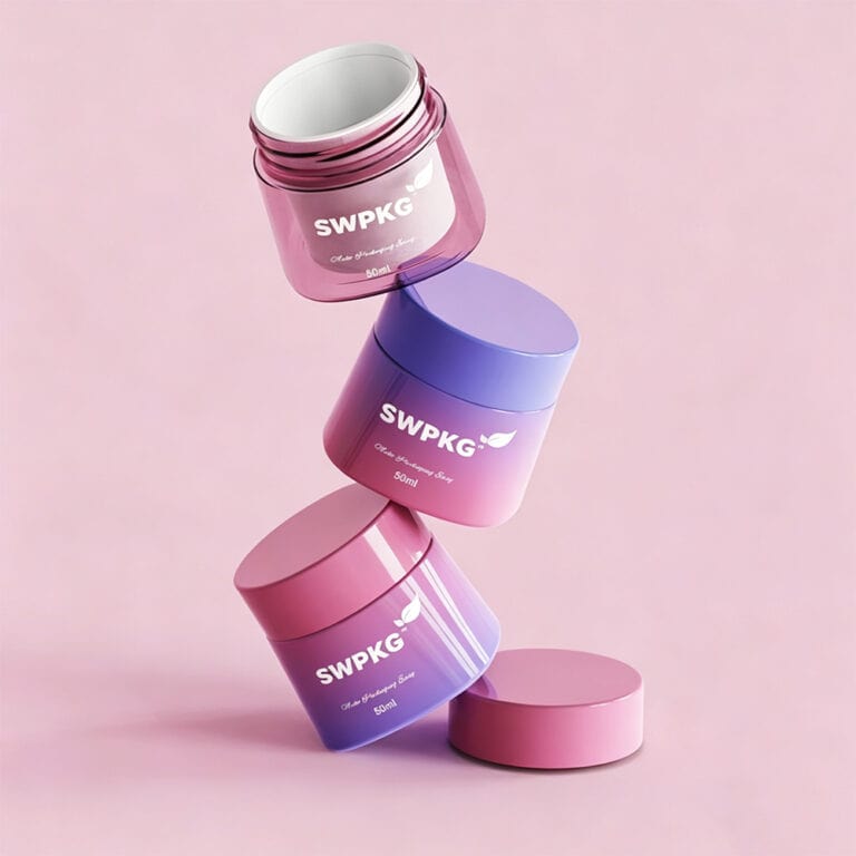Colorful cosmetic jars for skincare products on pink background.