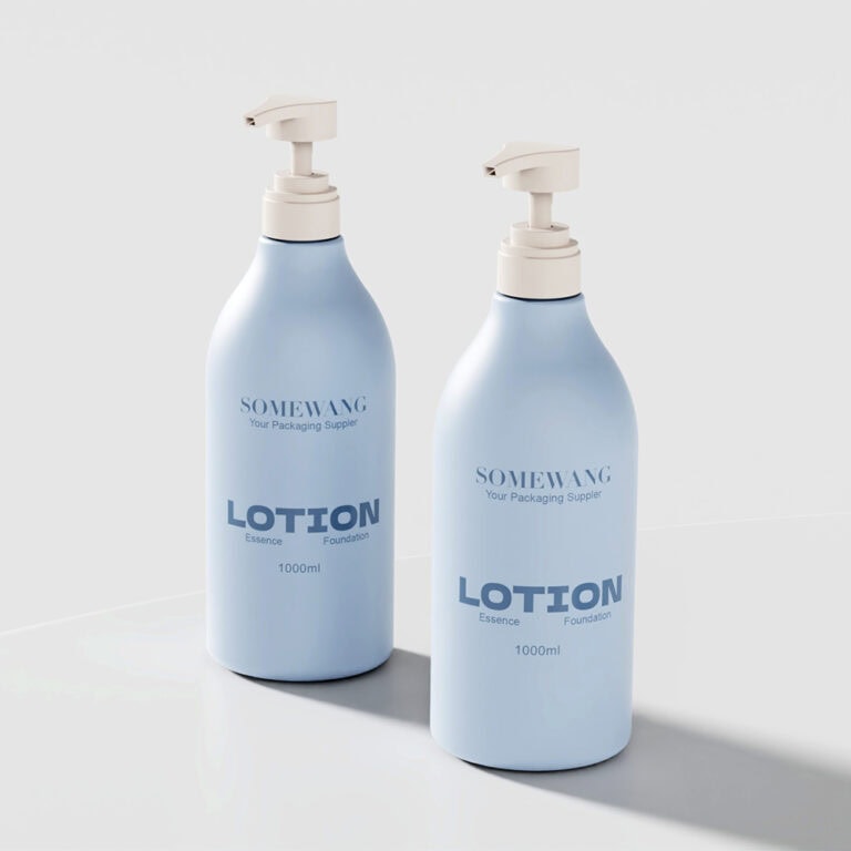 Two light blue 1000ml lotion bottles with pump dispensers from Somewang Packaging.