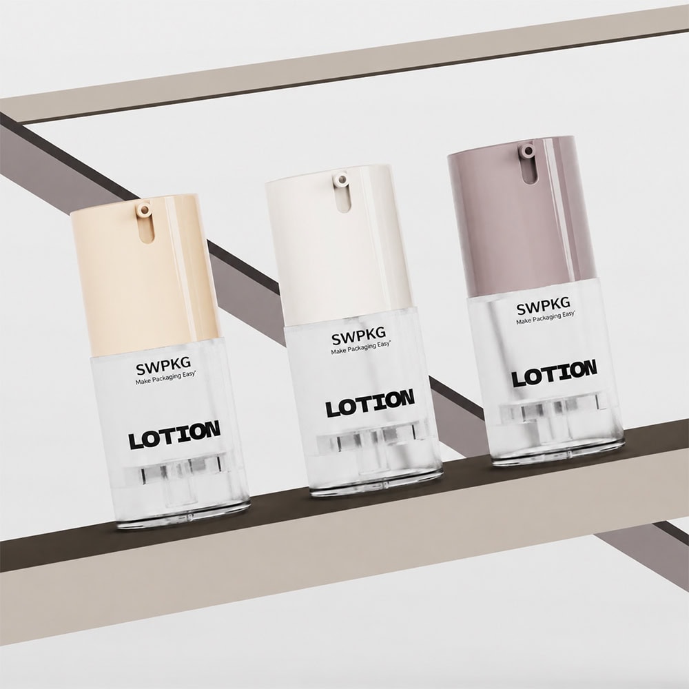 Three cosmetic airless spray bottles on a shelf with minimalist background.