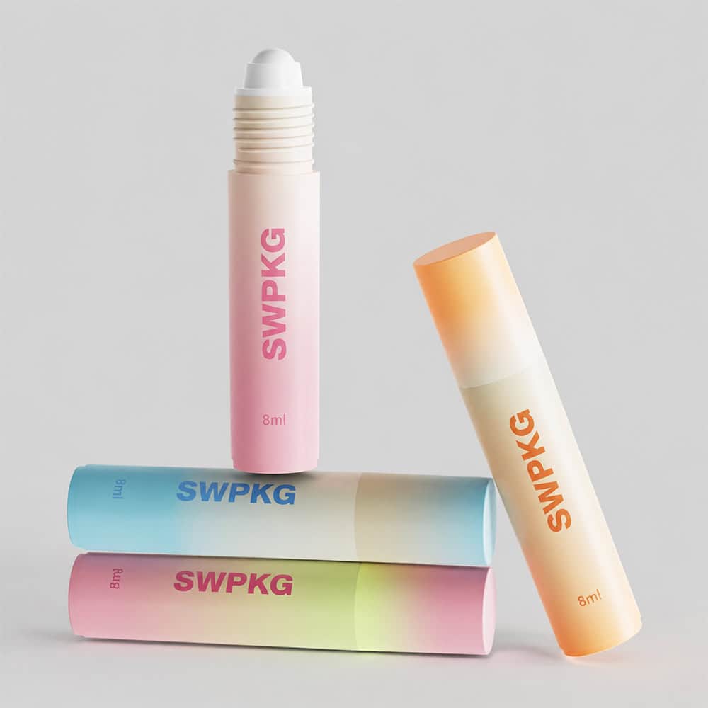 Colorful 8ml and 3ml plastic roll-on perfume bottles for packaging.