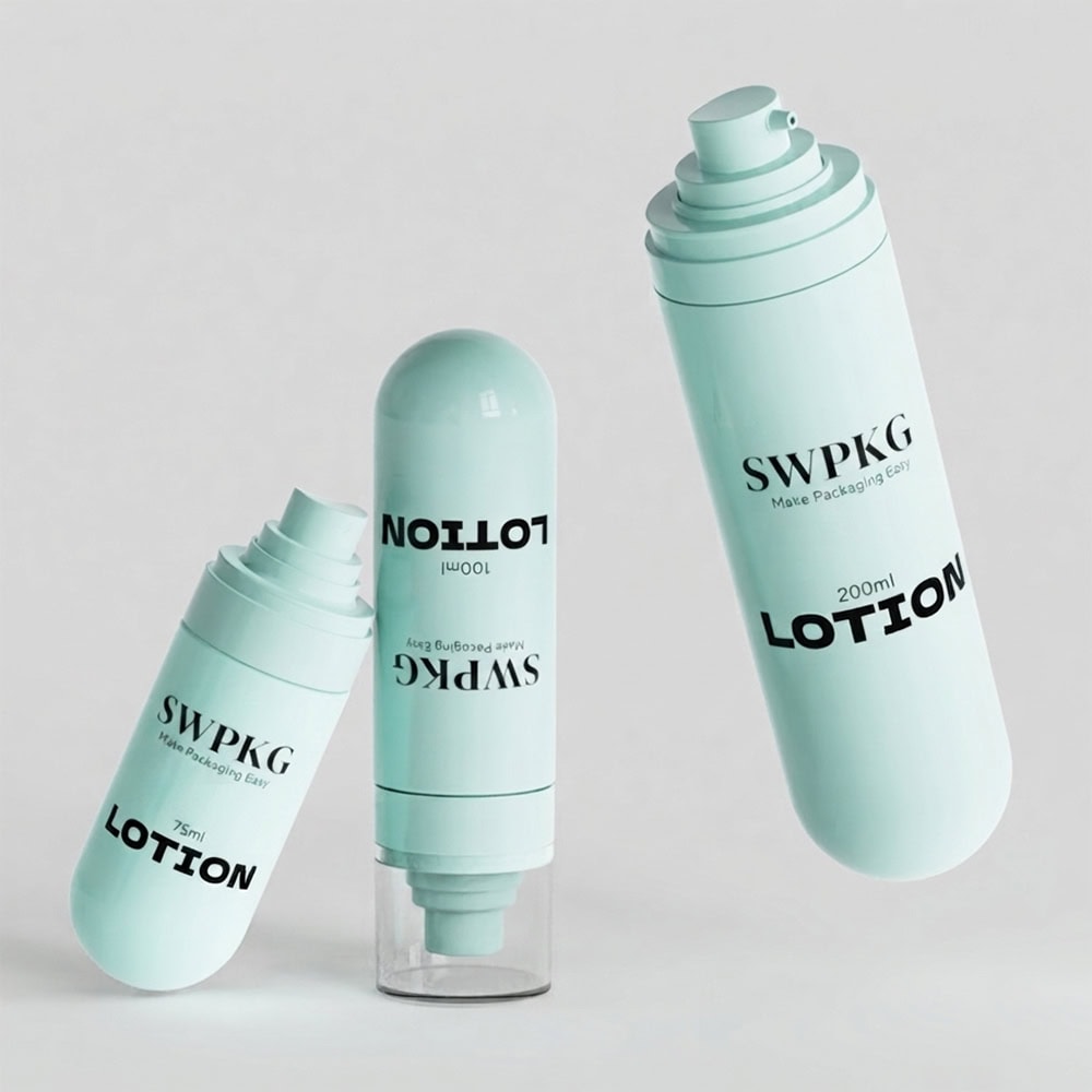 Set of three light blue square PETG lotion bottles with black text for skincare products.