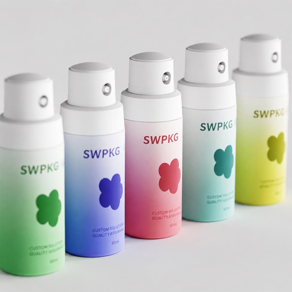 Colorful 60ml HDPE powder bottles with custom colors and treatment pumps.