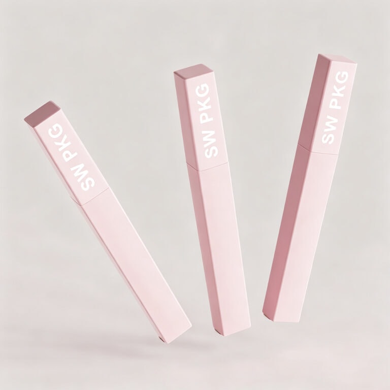 Clear 4ml lip gloss containers with pink packaging and white text.