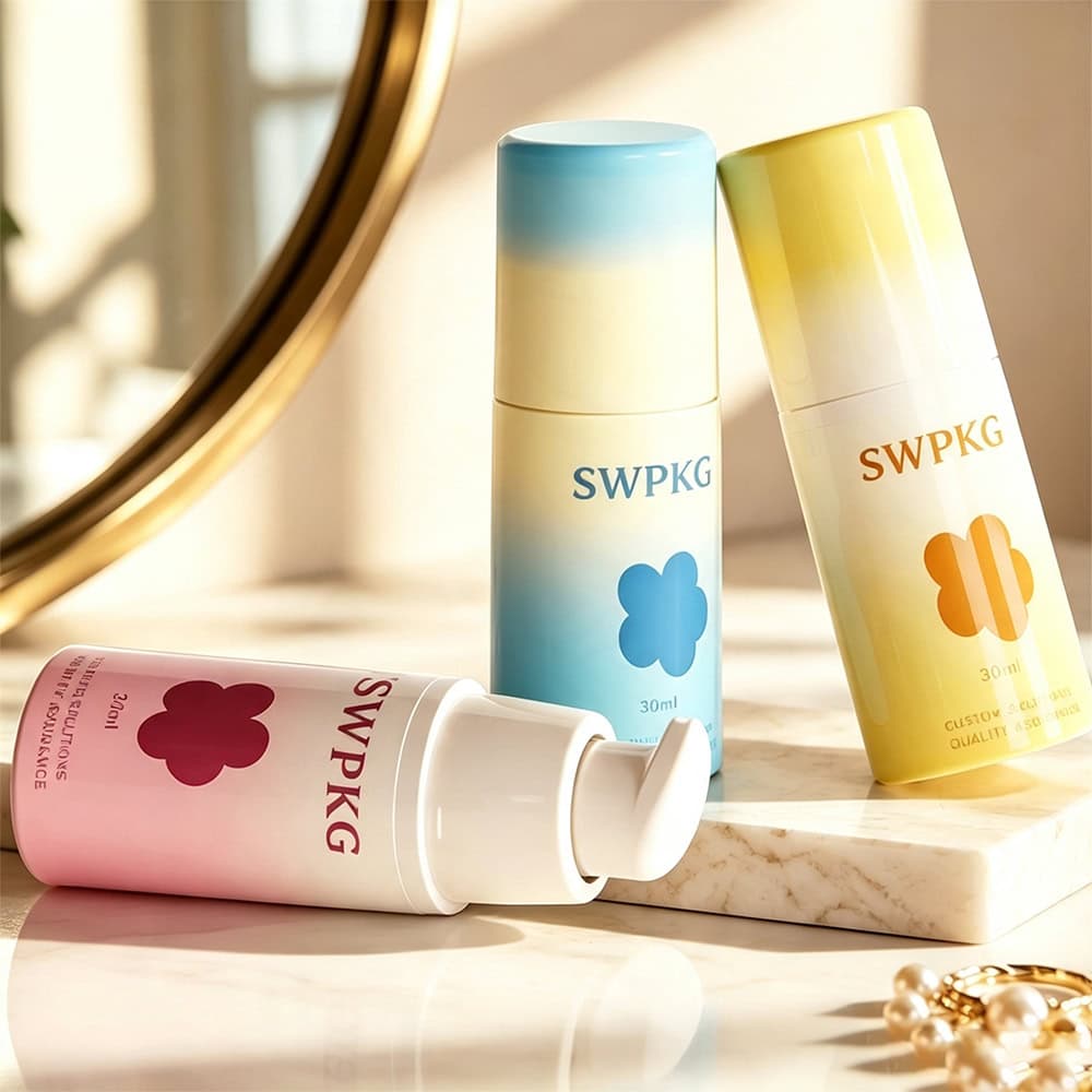 Colorful airless pump bottles for liquid foundation and skincare.
