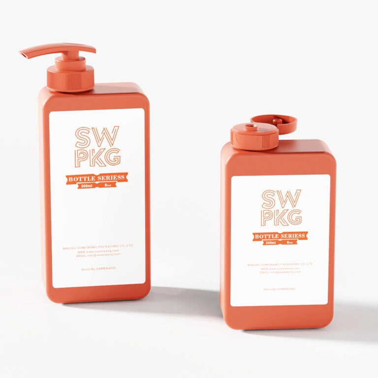 Two peach-colored PE square plastic shampoo bottles with pump dispensers.