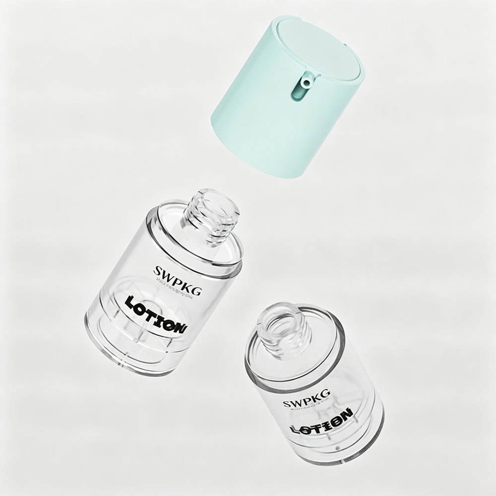 Clear plastic airless spray bottles with black text and mint green cap.