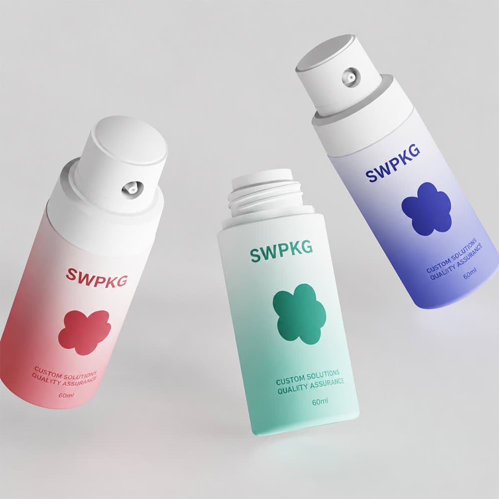 Three 60ml HDPE cylinder bottles with custom colors and treatment pump.