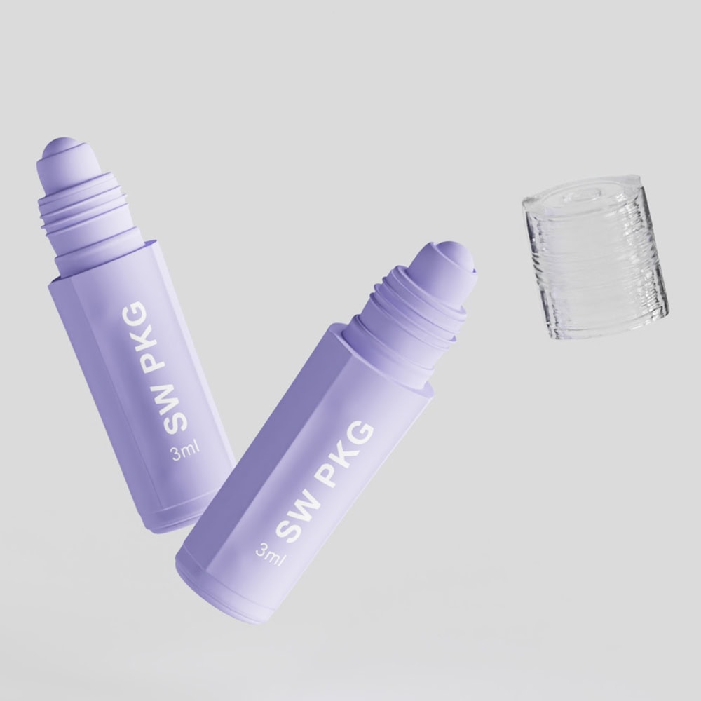 Purple mini lip gloss tube with roller ball applicator and clear cap.