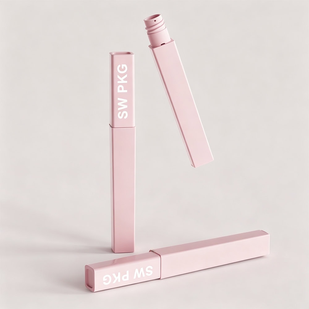 Pink square lip gloss container with white text, empty and high quality.