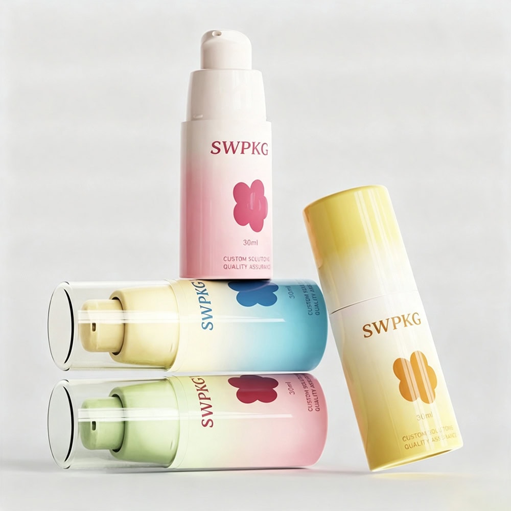Colorful travel size galvanized airless pump bottles for liquids and cosmetics.