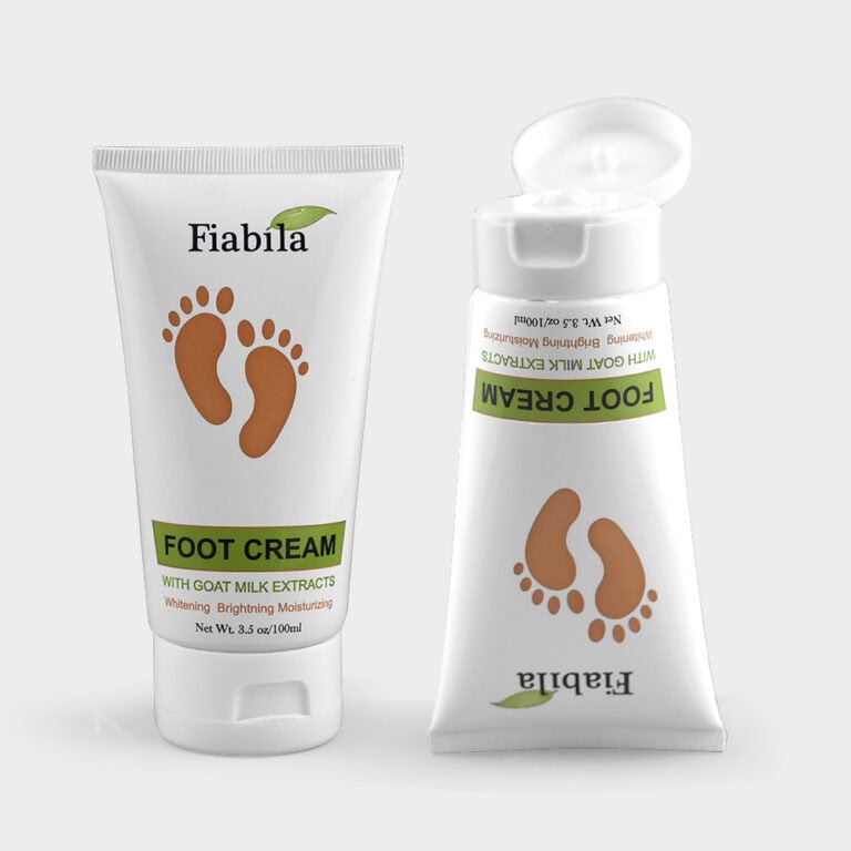 Foot cream tube with footprint graphic and green label for moisturizing skin.