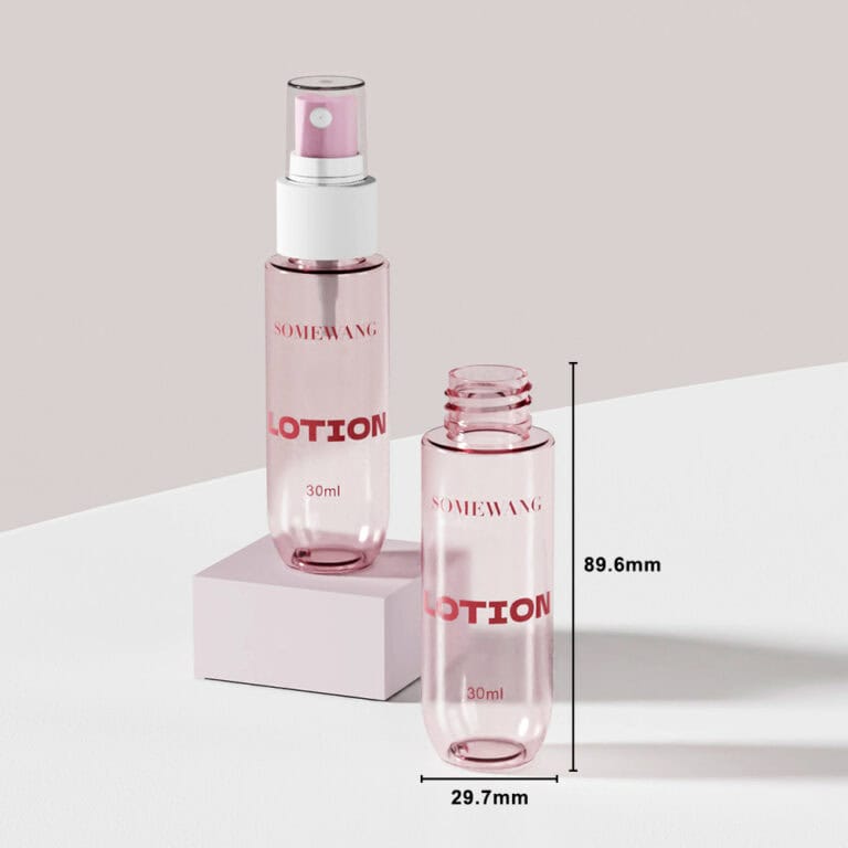 Pink 30ml PET cosmetic bottle with spray for skincare packaging.