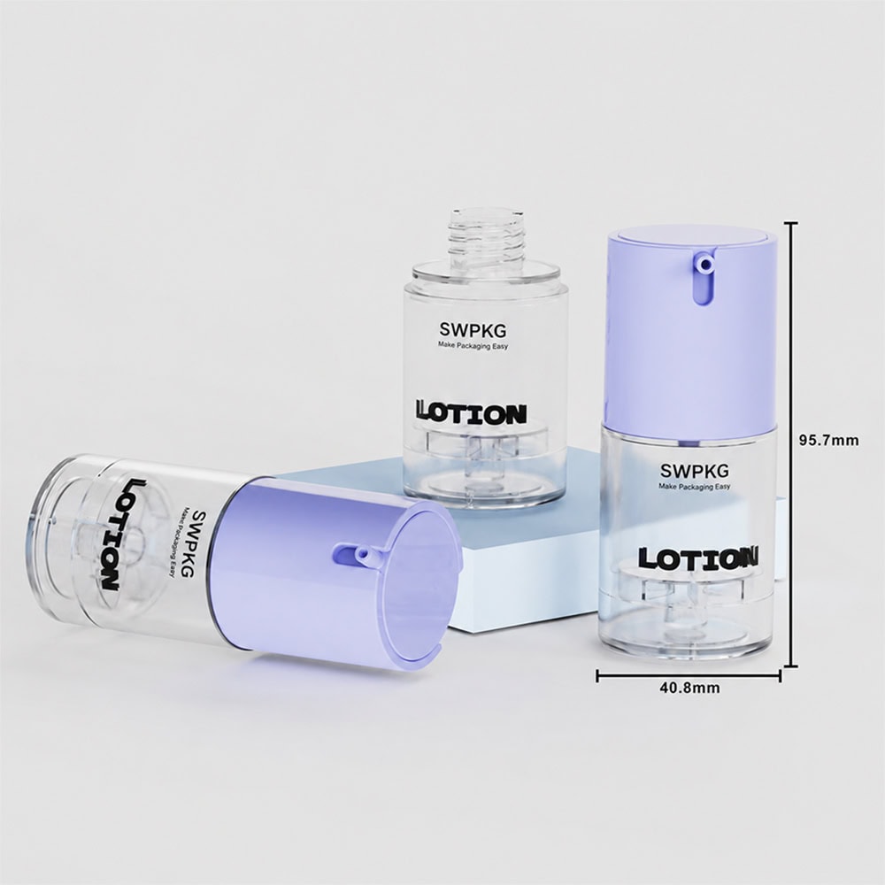 Clear plastic cosmetic bottles with purple spray caps for skincare products.