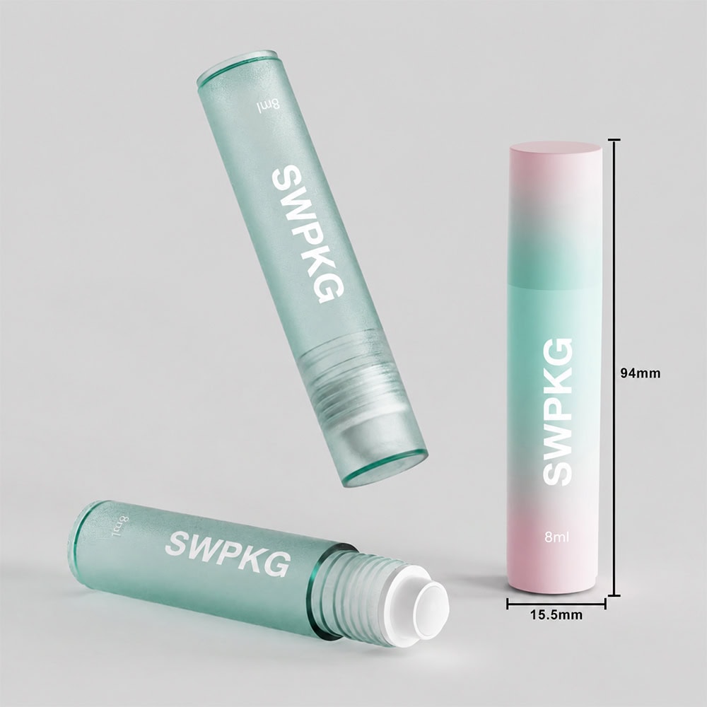 Small 8ml roll on perfume bottles with pastel gradient design.