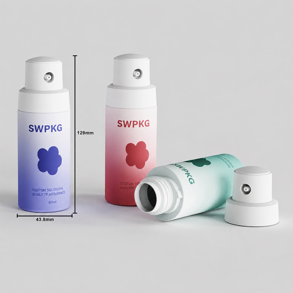 Colorful 60ml powder bottles with custom design and treatment pump.