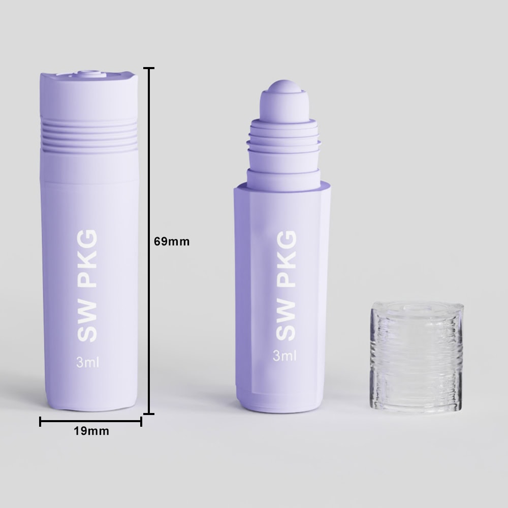 Small purple liquid lipstick container with roller ball applicator and cap.