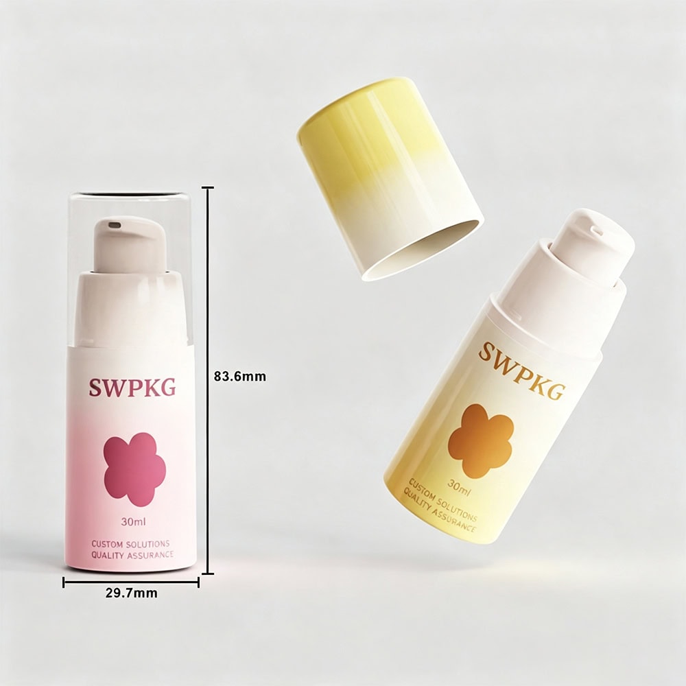 Small white airless pump bottle with yellow cap for liquid foundation.