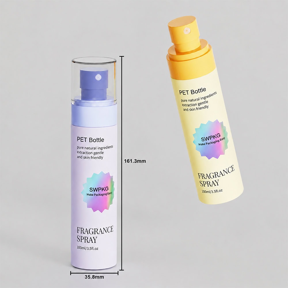 Yellow and purple PET bottles for fragrance spray, eco-friendly packaging design.