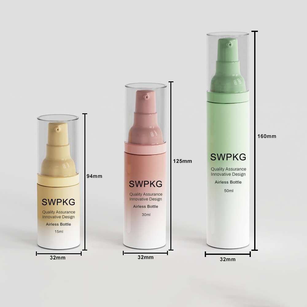 Set of three frosted plastic airless pump bottles in yellow, pink, and green with caps.