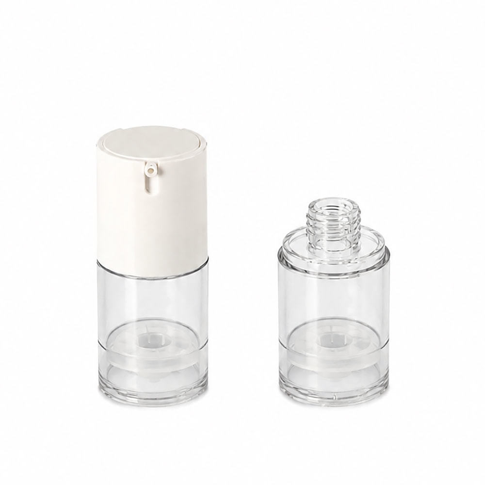 Clear airless spray bottle with white cap for cosmetics and skincare.