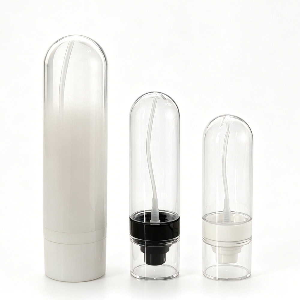Set of three clear square PETG plastic bottles for skincare and essential oils.