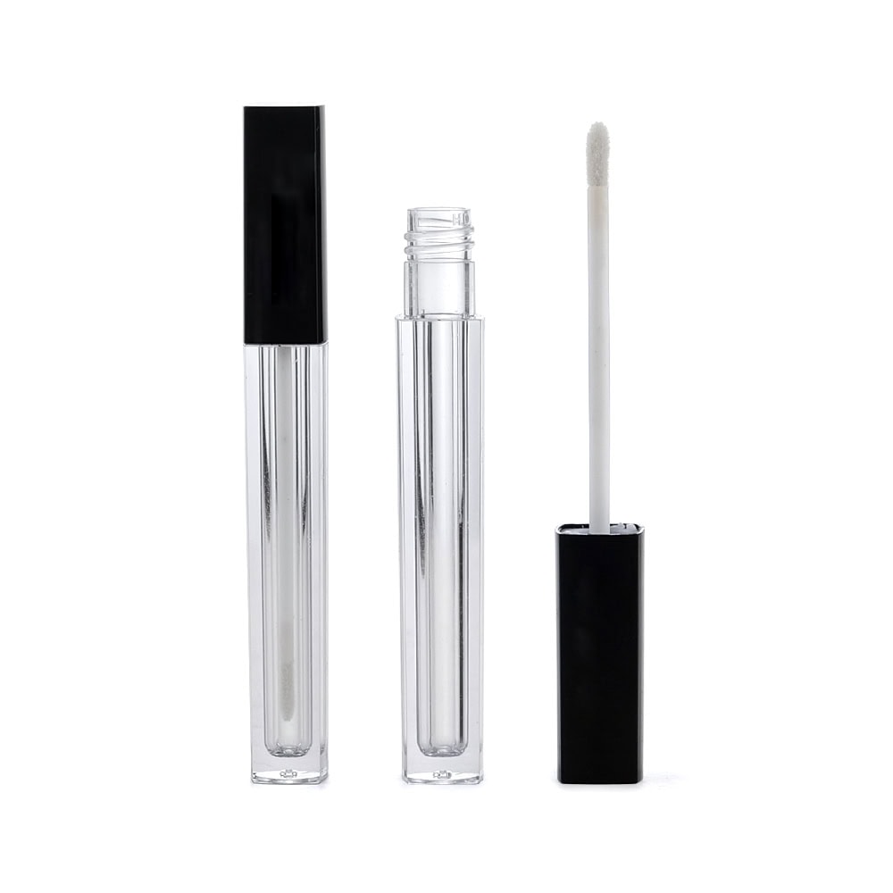 Clear square lip gloss tube with black cap and applicator.