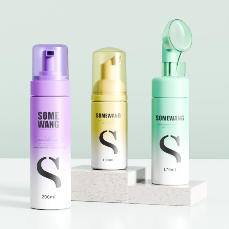 Colorful PET facial foam bottles for skincare, 100ml, 170ml, 200ml.