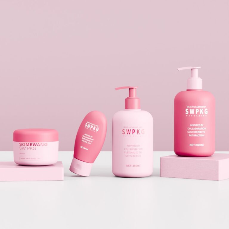 Pink plastic personal care bottles with pump and lid on pink platforms.