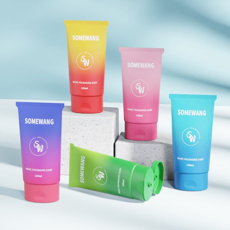 Colorful 120ml hand cream tubes with flip caps from Somewang Packaging.