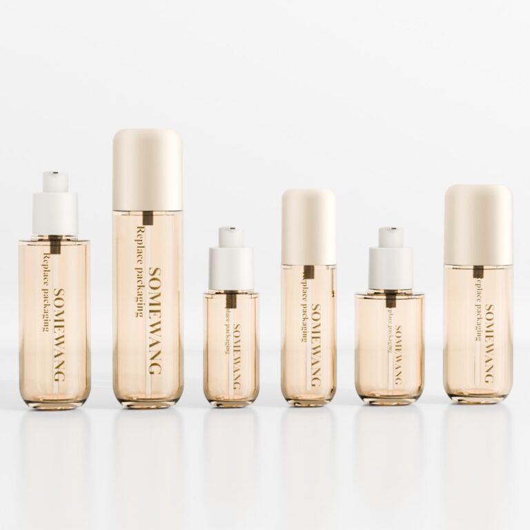 Set of PETG plastic skincare bottles with droppers and pumps for cosmetics.