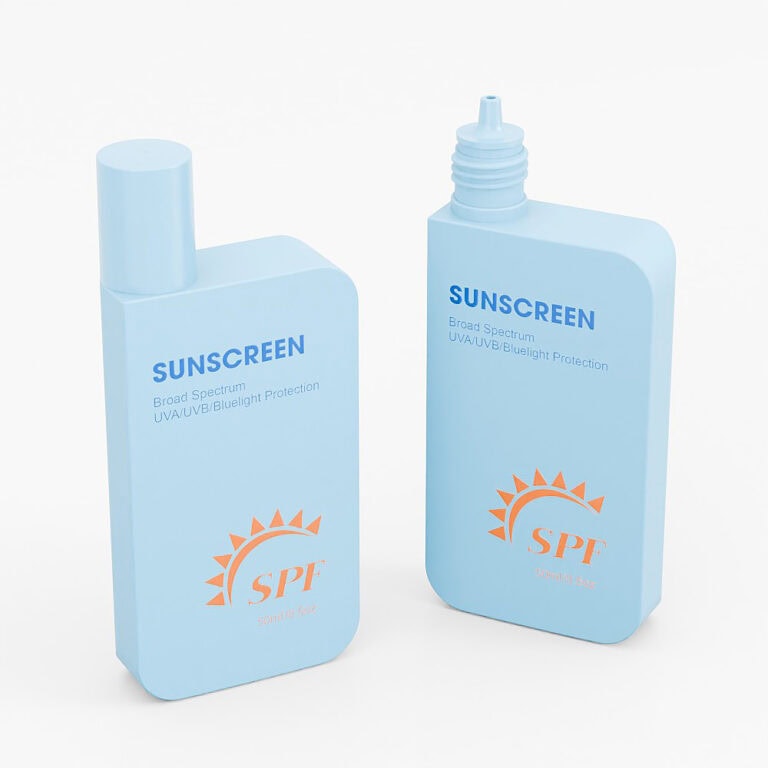 Light blue 50ml PE sunscreen bottle with cap and SPF label for sun protection.