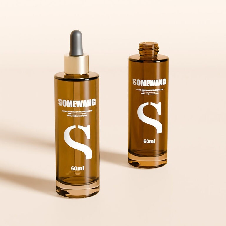 Amber glass dropper bottle with white label and dropper cap for skincare or cosmetics.