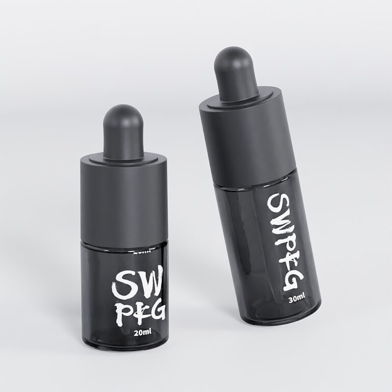 Two black PET facial serum bottles with droppers, 20ml and 30ml sizes, on a white background.