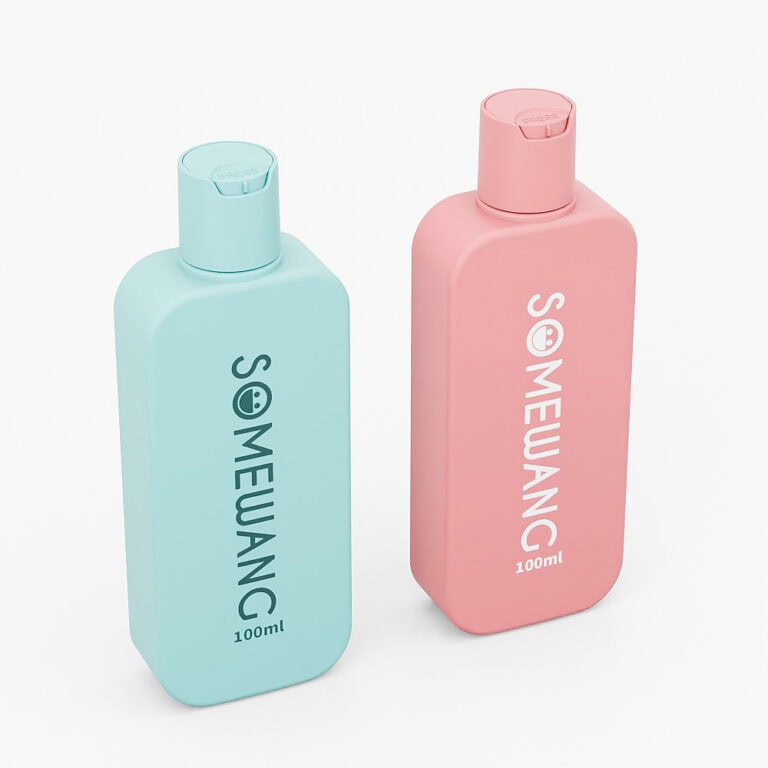 Two square-shaped cosmetic bottles in pastel blue and pink with white text.