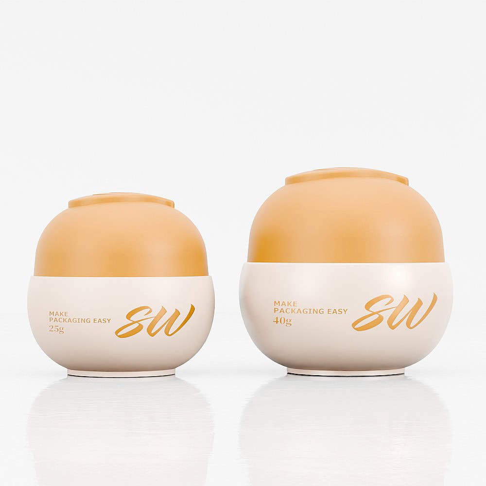 Two PP jars for kid products with beige caps and white bodies with logo.