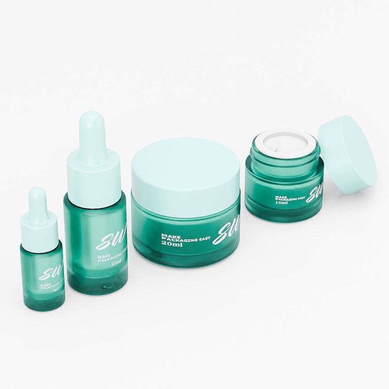 Set of glass facial serum bottles and jars in turquoise with white caps.