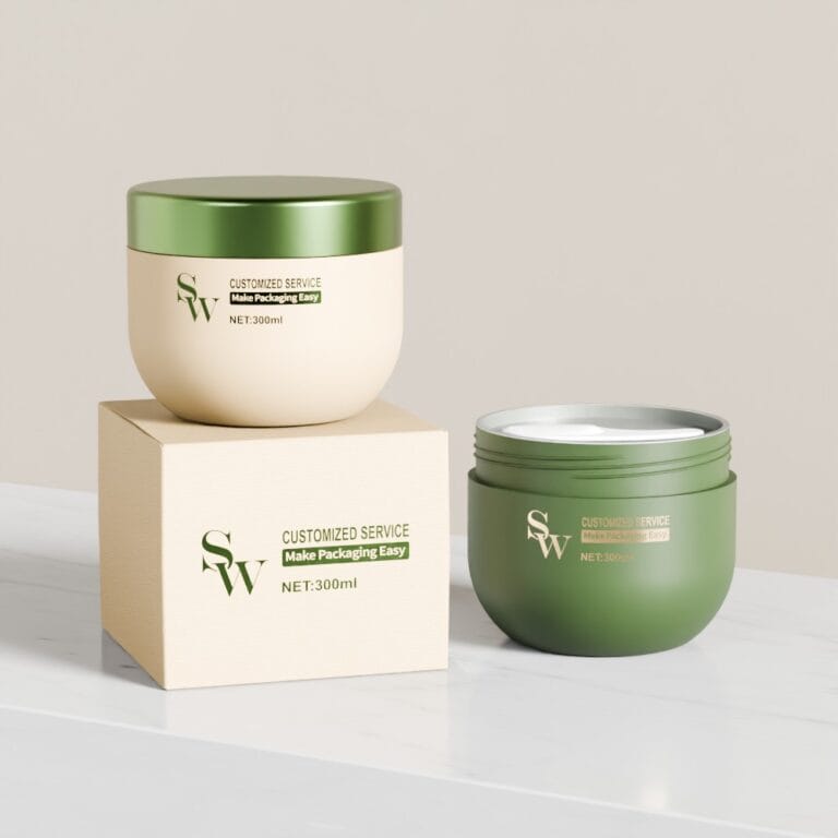 Green and white cosmetic jars with caps for skincare products.