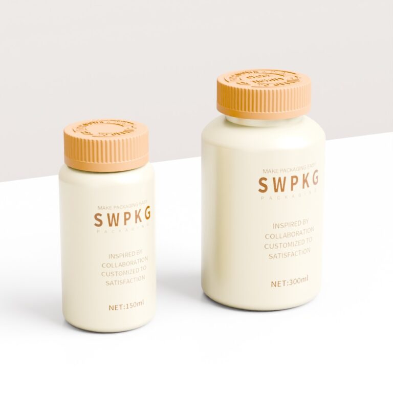 Two plastic bottles with child-proof caps for medicine packaging.