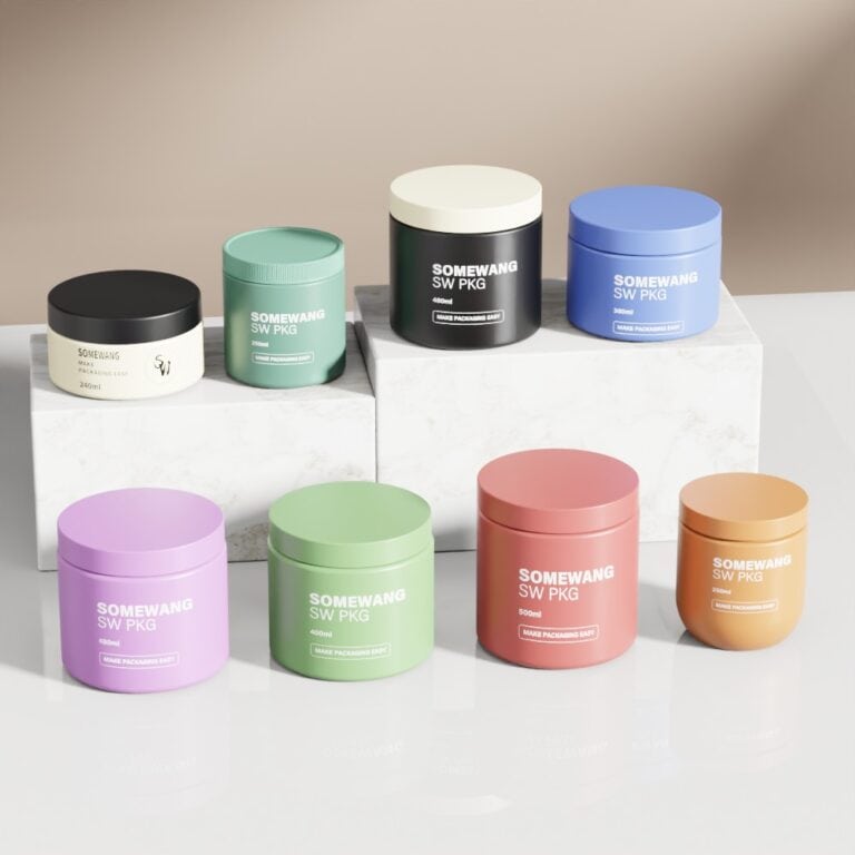 Collezione colorata di vasetti per crema Somewang con tappo a vite.