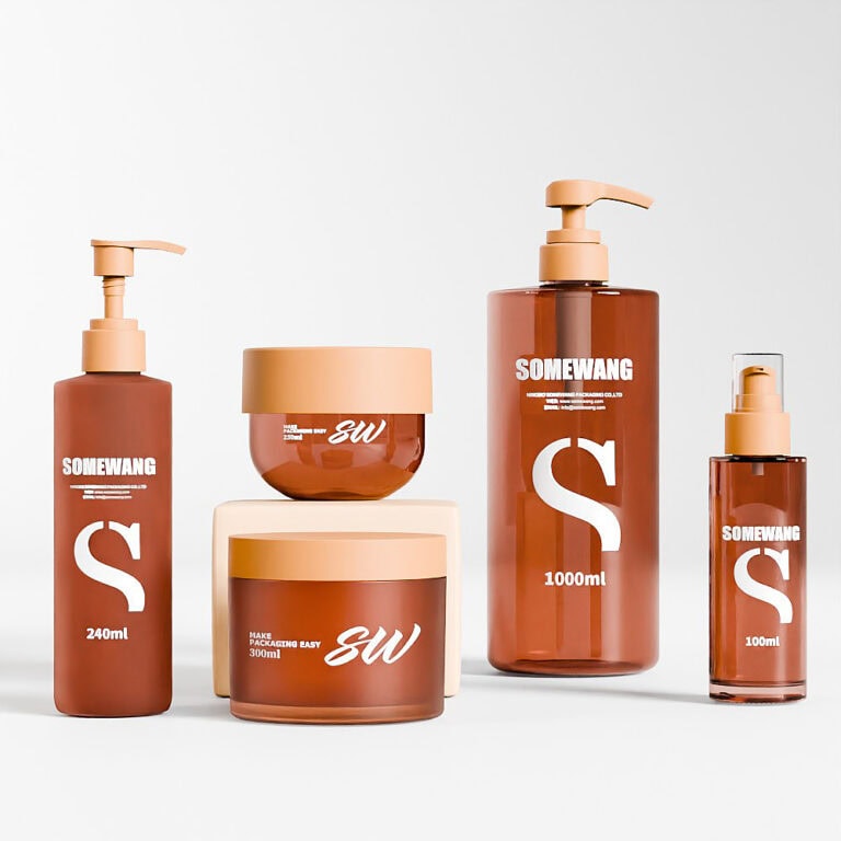 Set of brown skincare bottles and jars with pump and screw caps for travel.