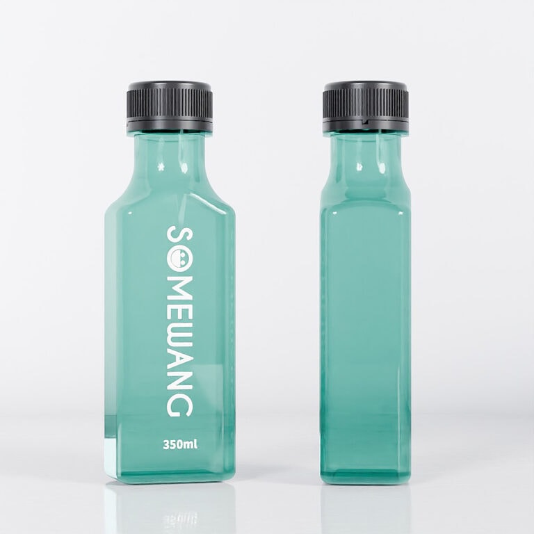 Transparent 350ml squeeze bottle with black screw cap and logo print.