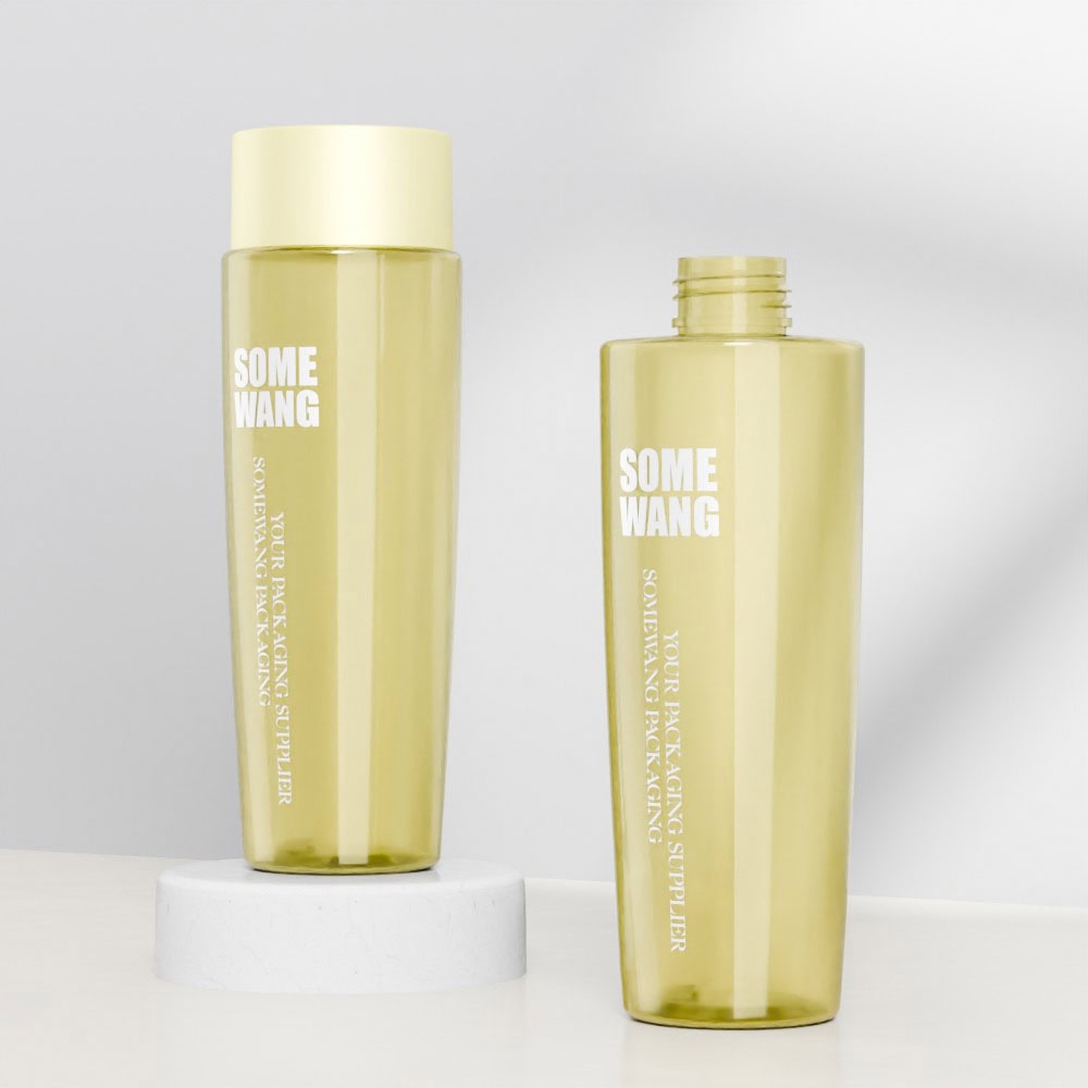 Transparent 220ML PET shampoo bottle with screw cap and screen printing.