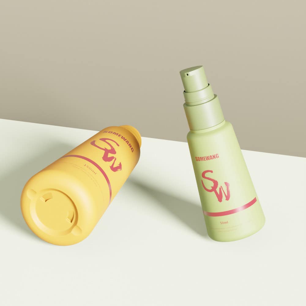 Two Somewang hair care bottles with spray pump on neutral background.