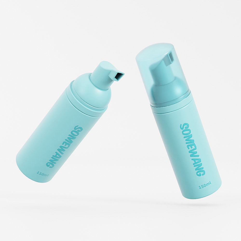 Light blue 150ml PET foam pump bottles for cosmetics with brand name.